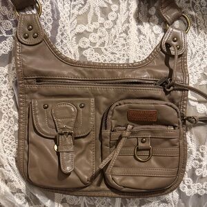 Wrangler Taupe Faux Leather Multi-Pocket Crossbody Bag